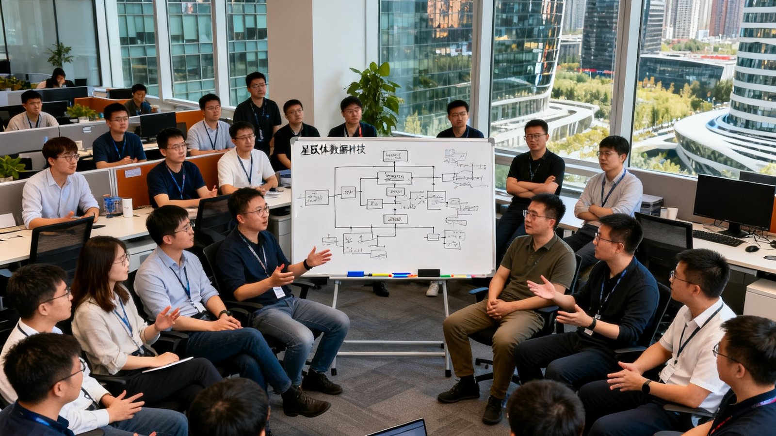 星跃体育数据科技团队的30名成员在开放式办公室讨论产品方案，白板上写满技术架构图，窗外是北京望京科技园的城市景观